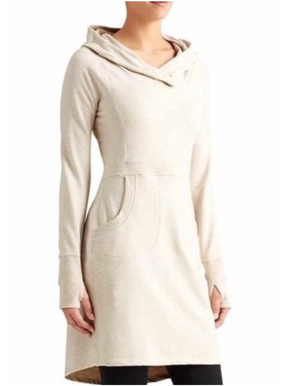 Athleta Cooldown Sweatshirt Tunic Dress Oatmeal Heather Hooded Thumbhole M
